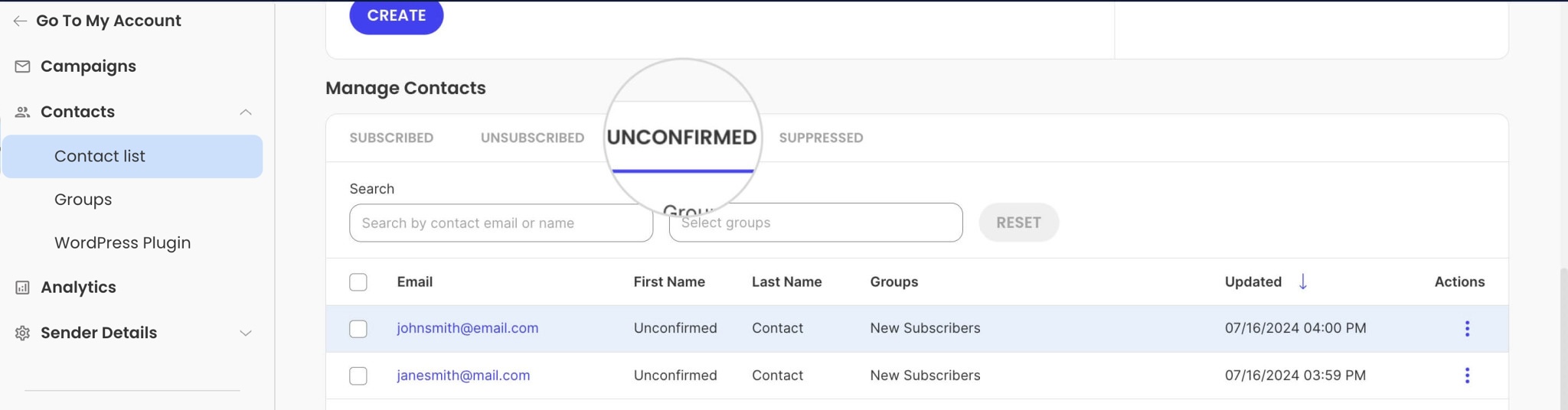 Unconfirmed contacts in SiteGround Email Marketing