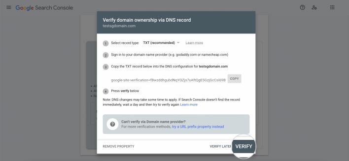 Verify your domain ownership to submit your website to Google - Click Verify