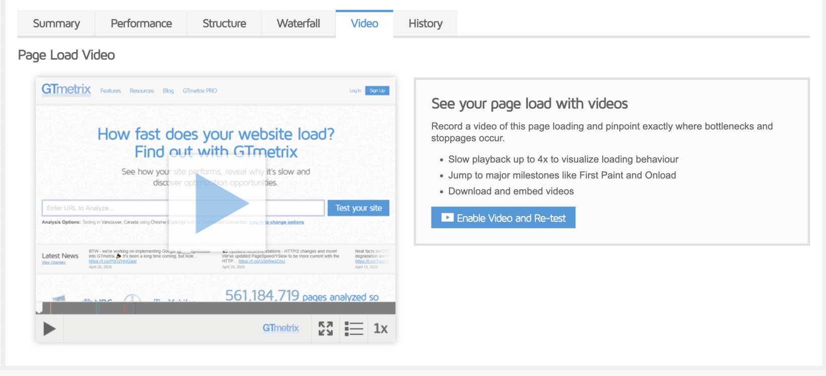 Screenshot of the Video tab in GTmetrix