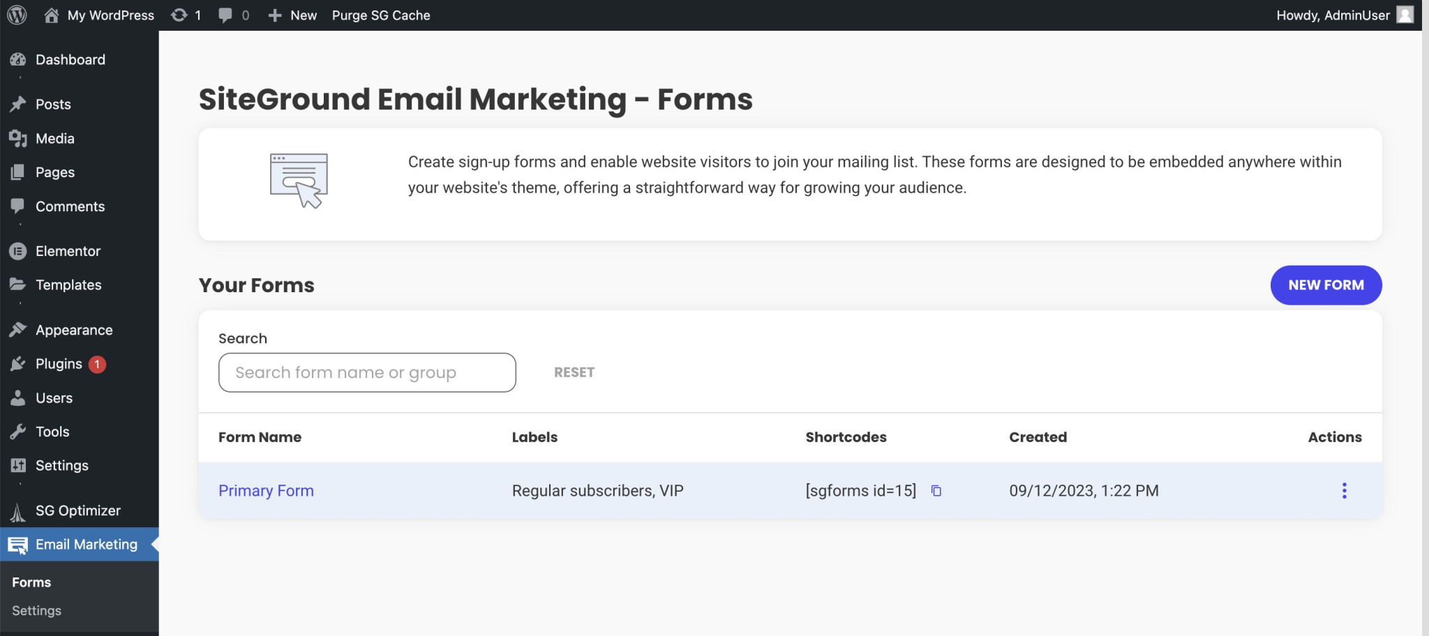 How to view existing forms in the Email Marketing plugin