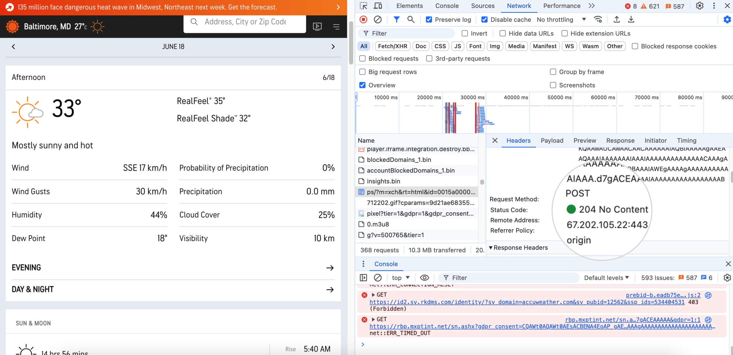 Screenshot displaying a 204 Status Code (No Content) response in the Dev Console for a weather forecast platform