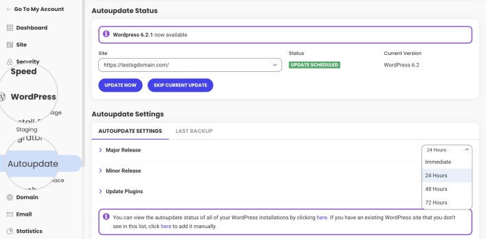 Screenshot showing how to update WordPress from the AutoUpdate tool in Site Tools