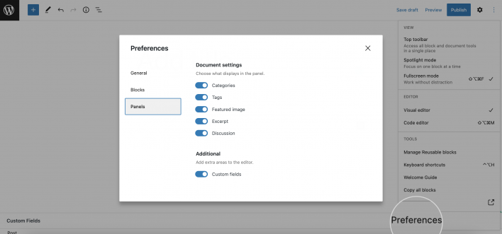 WordPress post preferences - Panels