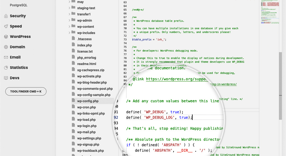 Screenshot showing how to edit the wp-config.php file from the Site Tools with the WP_DEBUG and WP_DEBUG_LOG