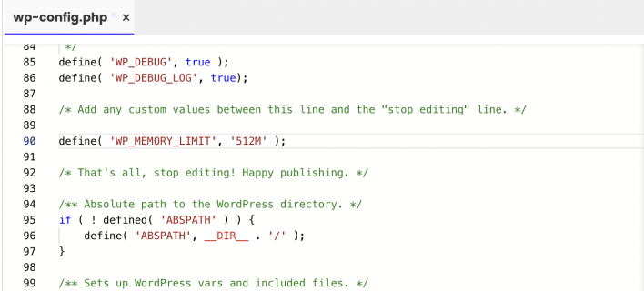 Screenshot showing how to edit the wp-config.php memory_limit