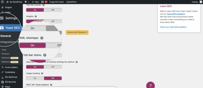 Enable XML Sitemap generation in Yoast SEO from the General tab